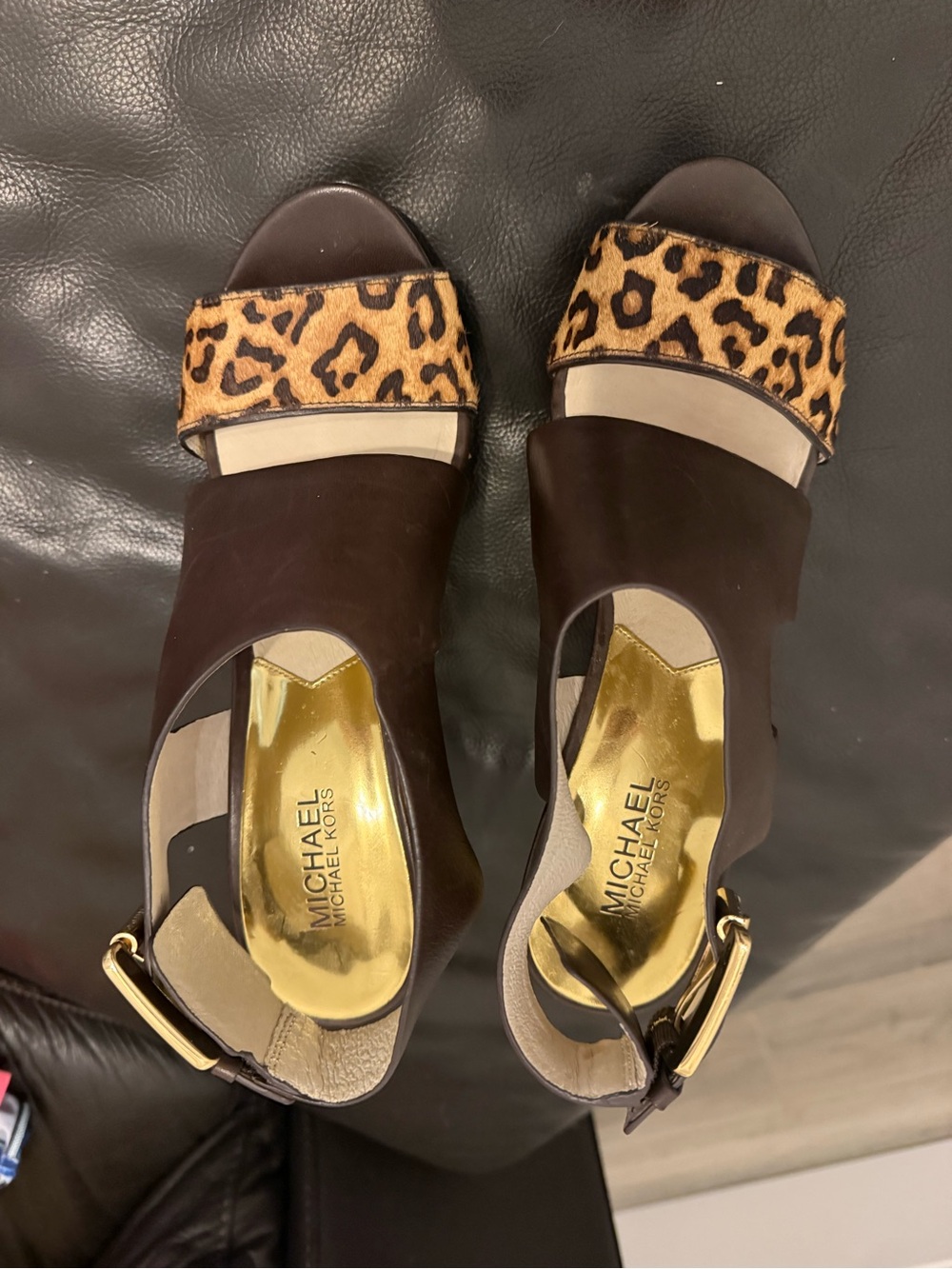 Michael Kors Brown Leather Heels with Leopard Print Strap